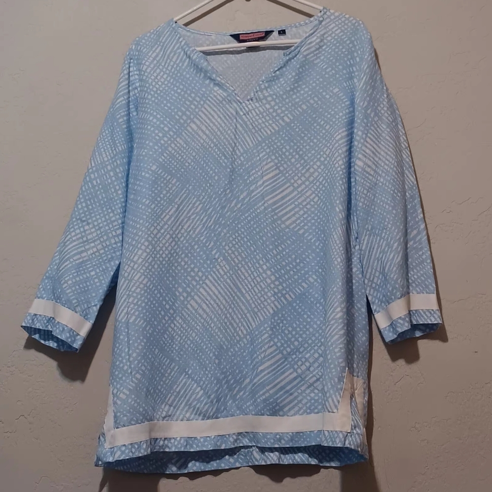 Vineyard Vines Women 100% Linen Tunic Top Blue/White 3/4 Sleeve SzL